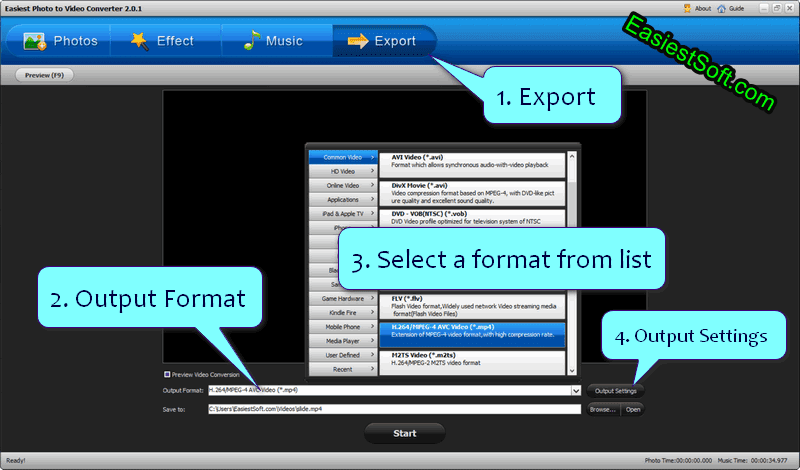 Choose an output video format in Easiest Photo to Video Converter